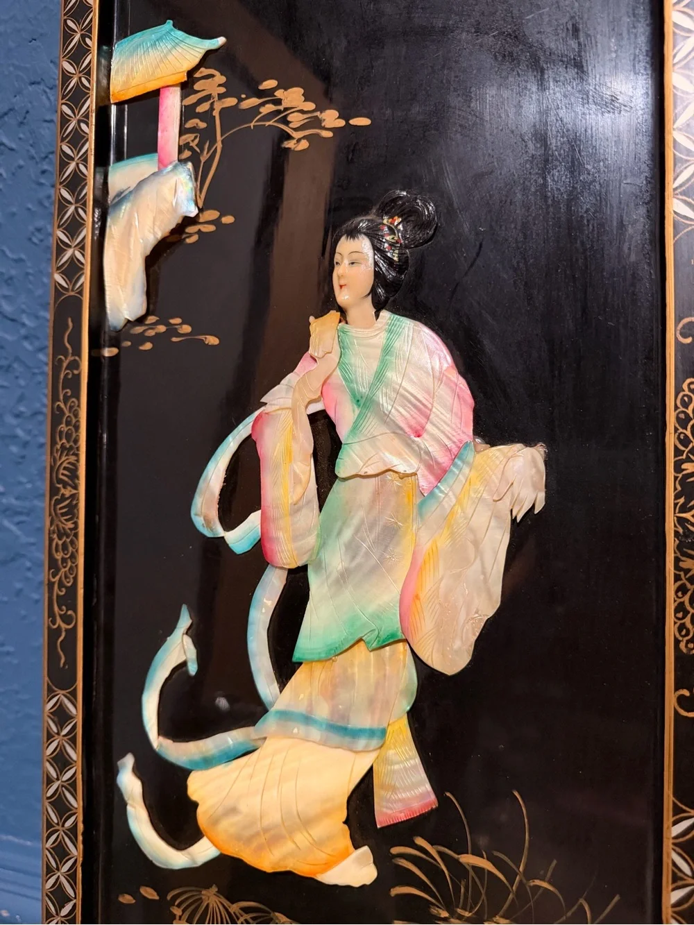 Pair Chinese lacquer wall panels mother of pearl